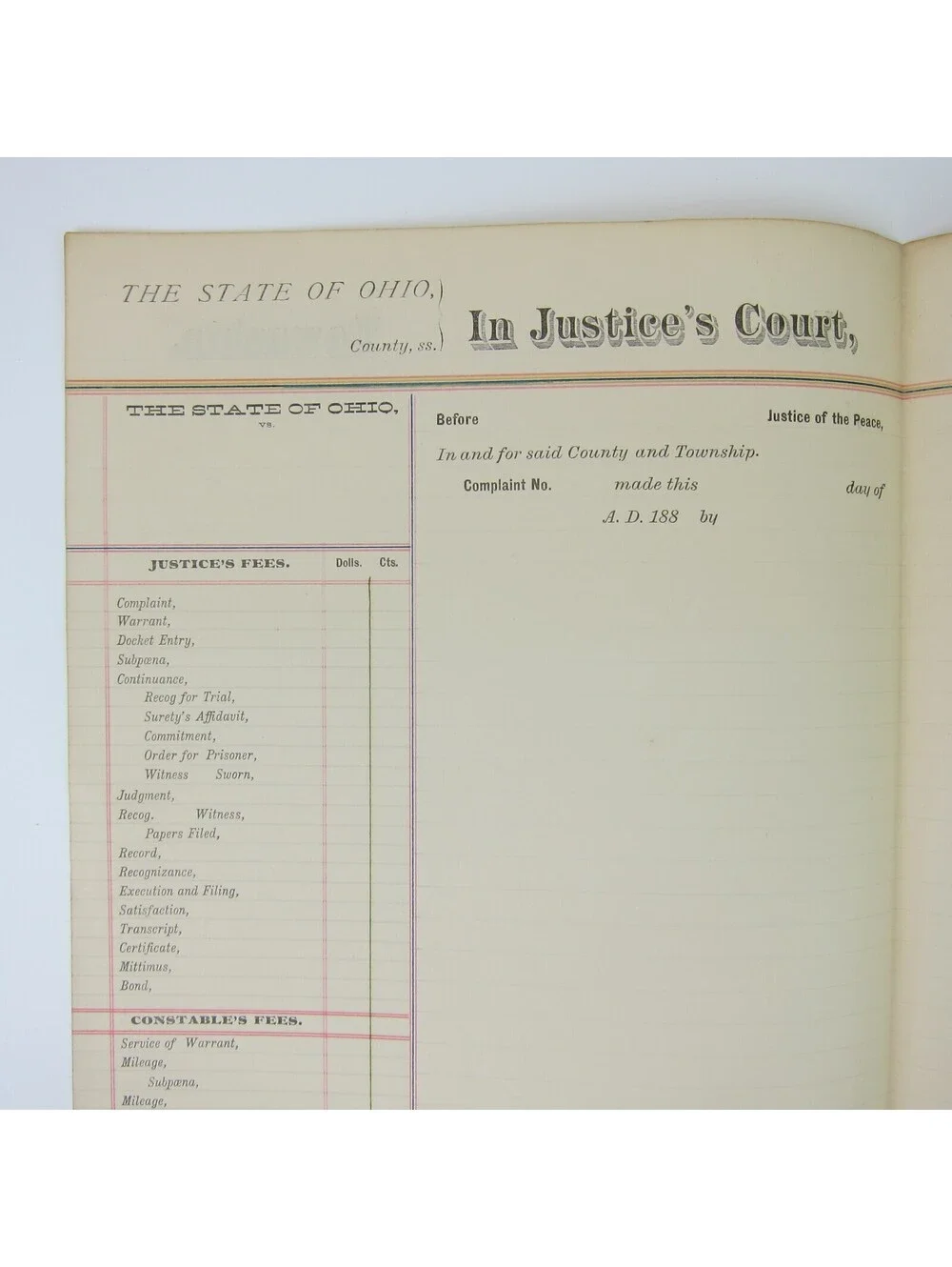 1880s Ohio Court Record Form Blank Justice, Constable, Witness Fees Antique RARE